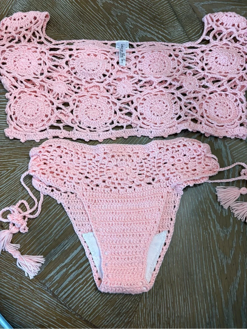 LUCY IN THE SKY Crochet Off Shoulder Two Piece Bikini Set in Pink Size Medium